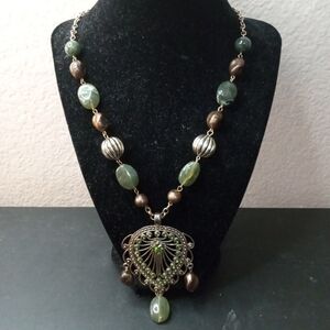 GORGEOUS Art Karat Agate & Beads 9" Drop with Filigree Pendant Boho Necklace